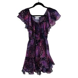 Cari Capri Purple Leopard Print Mini Dress Size XS Barbados Ruffle Off Shoulder